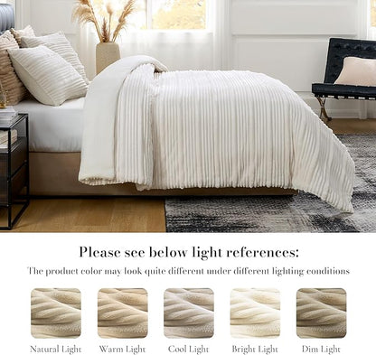Amélie Home Premium Fleece Queen Comforter Set,Soft Fuzzy Striped Flannel Bedding Set for Winter, 3 Pieces, 1 Cozy Comforter with 2 Pillowcases, Ivory, 90"x90"