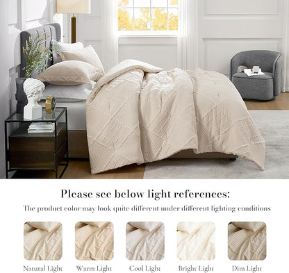 Amélie Home Twin Comforter Set, 2 Piece Beige Jacquard Bedding Set with 1 Pillow case, Soft Microfiber Diamond Design, Lightweight All-Season for Bedroom & Dorm