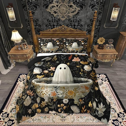 Erosebridal Kids Halloween Ghost Full Size Bedding Set, Halloween Decorations Black Comforter Set Funny Gothic Decor Comforter for Boys Girls Teens Adults, Retro Horror Terror Theme Quilt