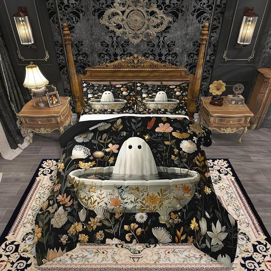 Erosebridal Halloween Decorations King Bedding Set, Halloween Ghost Comforter Set Funny Gothic Decor Black Comforter for Kids Boys Girls Teens Women Men, Retro Horror Terror Theme Quilt