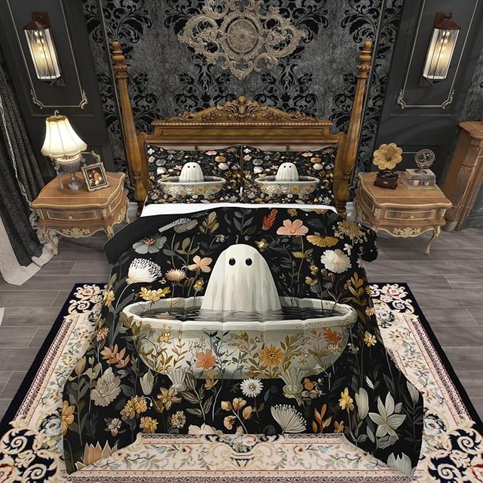 Erosebridal Kids Halloween Decorations Black Bedding Set Toddler, Halloween Ghost Comforter Set Funny Gothic Decor Comforter for Boys Girls Teens Adults, Retro Horror Terror Theme Quilt