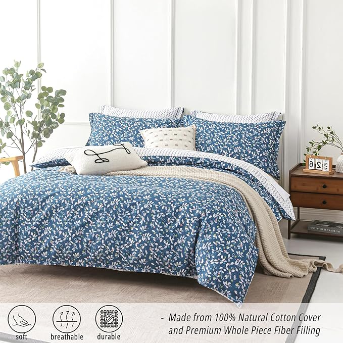 Blue Floral Cotton Comforter Queen Size - White Leaves with Delicate Soft Green & Blush Floral Print, Blue Chevron on White Reverse – 3PC Lightweight Bedding Set with Soft Fill(90"×90")