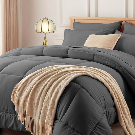 Newspin California King Comforter Set Grey - Bed in a Bag California King Size 7 Pieces, All Season Bed Set, Fluffy Comforter Set with Sheets, Sheet Set Quilt Blanket, Pillowcases & Shams
