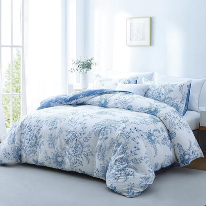 BOLINLIVING Floral Queen Comforter Set 3 Pieces, Soft Breathable Bed in a Bag Queen Size, Blue and White Floral Bedding Set for All Season, 1 Comforter & 2 Pillowcases