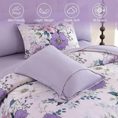 Xruibed Purple Floral Comforter Set King Size 7 Pieces Bed in a Bag Flower Comforter Set with Sheet, Pillowcases, Pillowshams, Soft Microfiber Bedding Set for All Season (King 104''x90'')