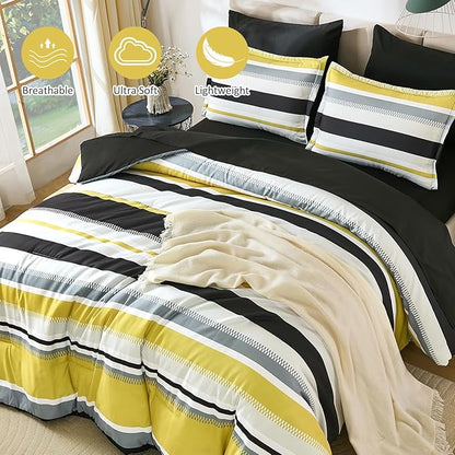 WONGS BEDDING Yellow Comforter Queen Size Set, 7 Pieces Bed in a Bag Yellow and Black Comforter Set, Soft Boho Striped Bedding Sets with Sheets, Pillowcases & Shams