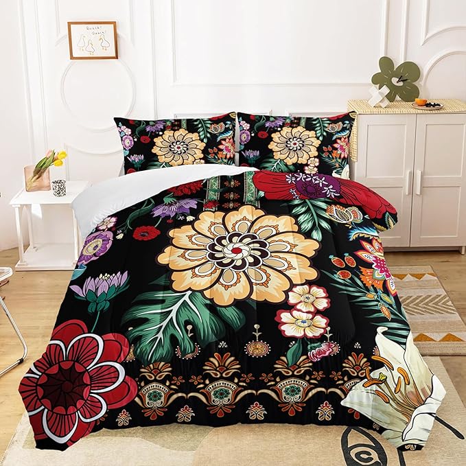 3 Pieces Colorful Floral Comforter Set,Paisley Bedding Set King Size,Bohemian Farmhouse Flower Leaves Printed on Black Design,All Season Lightweight Soft Microfiber (1 Comforter with 2 Pillowcases)
