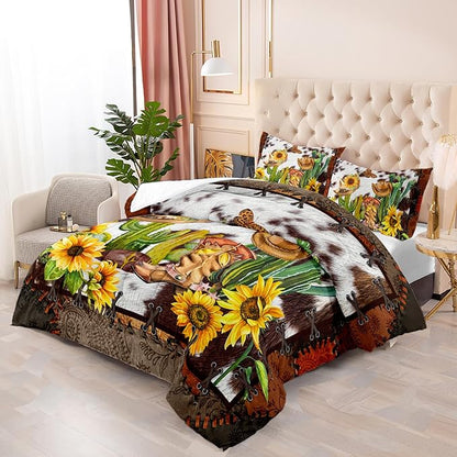 West Comforter Set Queen Size, Brown and White Cow Print 3 Pieces Bedding Set, Western Cowboy Plant Quilts Set Lightweight Soft Microfiber Warm Down Alternative with 2 Pillowcase All Season