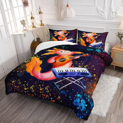 HOSIMA Kids Bedding Set for Bedroom Decor-Under Colorful Background Cute Cartoon Axolotl Comforter with 2 Pillowcases.