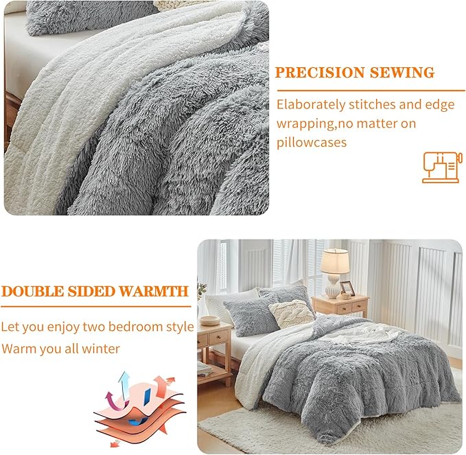 UOZZI BEDDING Gray Faux Fur Comforter Set King 3 Pieces - 1 Shaggy Comforter 104x90 and 2 Pillowcases, Ultra Soft and Easy Care Luxury Plush Super Warm Winter Shaggy Duvet Set