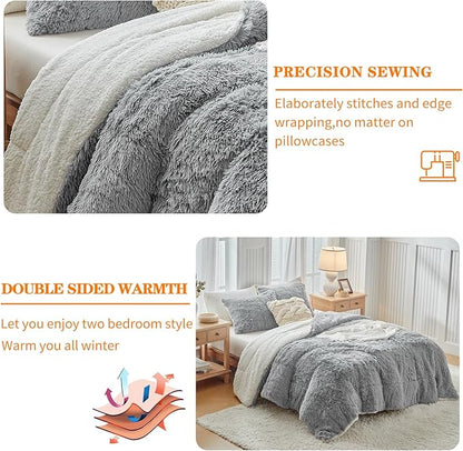 Gray Faux Fur Comforter Set Full/Queen 3 Pieces - 1 Shaggy Comforter 90x90 and 2 Fur Pillowcases, Ultra Soft and Easy Care Sherpa Luxury Plush Super Warm Winter Shaggy Bedding Set