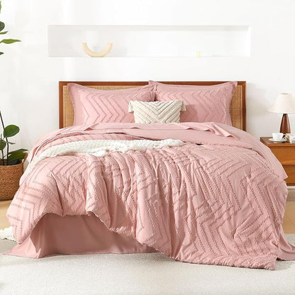 Litanika Blush Pink Full Size Comforter Set with Sheets - 7 Pieces Bed in a Bag Full Boho Tufted Complete Bedding Sets with Comforter, Sheets, Pillowcases & Shams