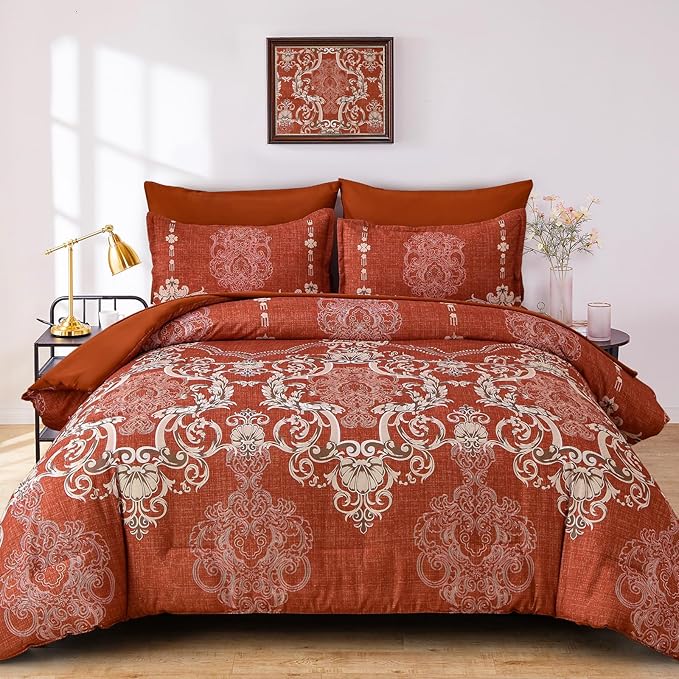 Mybedsoul 7 Pieces Terracotta Comforter Set Queen Size, Damask Bed in a Bag for Queen Bed, Lightweight Microfiber Boho Bedding Sets with Comforter, Sheet, Pillowcases & Shams for All Season (90"x90")