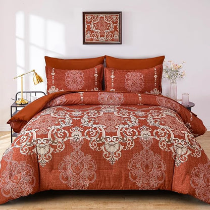 Mybedsoul 7 Pieces Terracotta Comforter Set Queen Size, Damask Bed in a Bag for Queen Bed, Lightweight Microfiber Boho Bedding Sets with Comforter, Sheet, Pillowcases & Shams for All Season (90"x90")