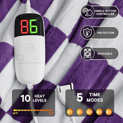 Heated Electric Blanket Throw, 50X60 Heating Blanket with 10 Heat Level & 8 Hours Auto Off for Lap, Deep Purple Checkered Plaid Soft Sherpa Blankets Warmer Gifts for Couch Grandma Women Adults
