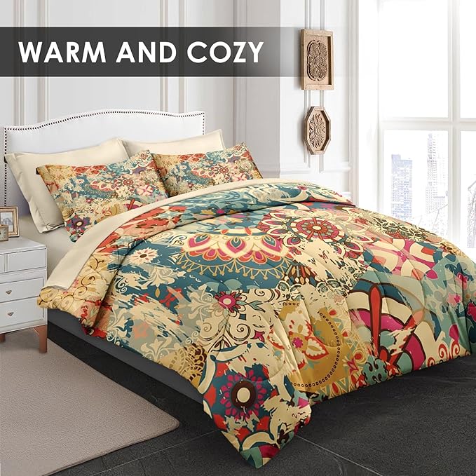 Comforter Set Twin Size, Vintage Colorful Flower 5 Pcs Bedding for Kids and Adults, Floral Retro Beige Bed Sheet Sets with Fitted Sheet Pillowcase & Sham for Bedroom Bed Decor