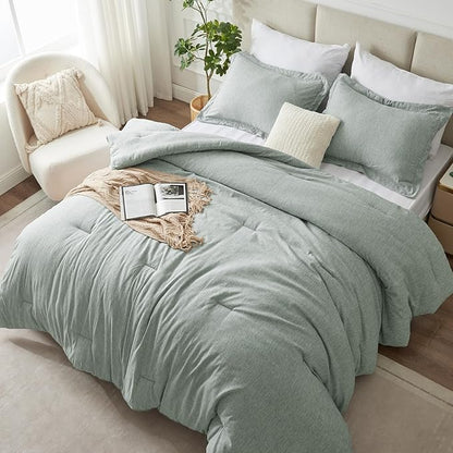 CozyLux Queen Size Comforter Set - 3 Pieces Sage Green Soft Luxury Cationic Dyeing Bedding Comforter for All Season, Breathable Lightweight Fluffy Boho Bed Sets with 1 Comforter and 2 Pillow Shams