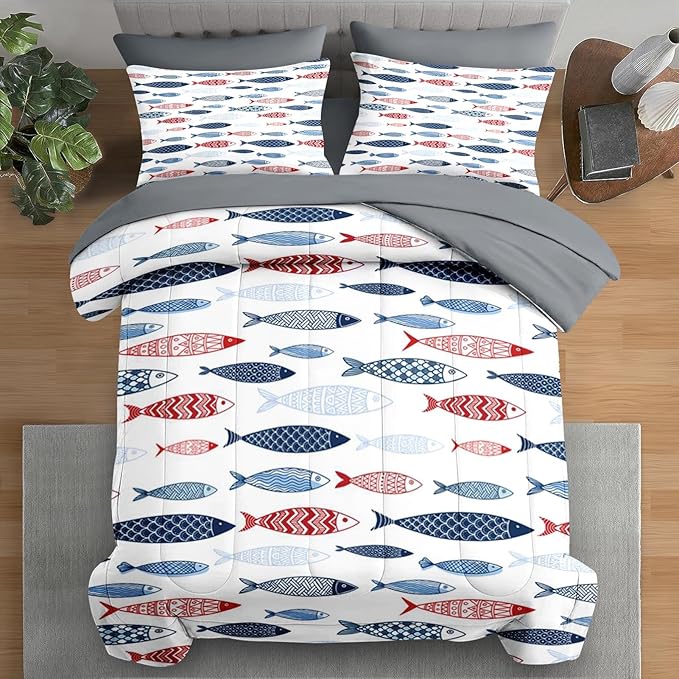 Comforter Set King Size, Fish Blue Summer 7 Pcs Bedding for Kids and Adults, Sea Cute Ocean Bed Sheet Sets with Fitted Sheet 2 Pillowcases & 2 Shams for Bedroom Bed Decor