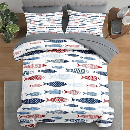 Comforter Set Queen Size, Fish Blue Summer 7 Pcs Bedding for Kids and Adults, Sea Cute Ocean Bed Sheet Sets with Fitted Sheet 2 Pillowcases & 2 Shams for Bedroom Bed Decor