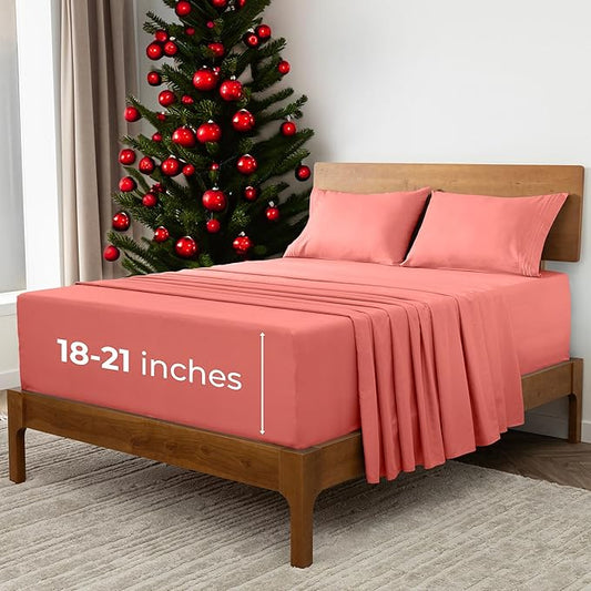 Mellanni Extra Deep California King Sheets - 4 PC Iconic Collection Bedding - Hotel Luxury, Ultra Soft, Cooling Bed Sheets - Wrinkle, Fade, Stain Resistant (Cal King, Coral)