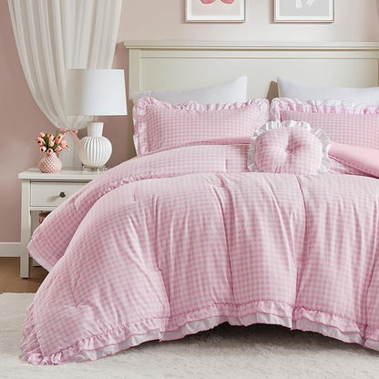 Intelligent Design Rowena Full Comforter Set – Blush Pink Gingham Ruffled Bedding, Vintage Farmhouse Style, Reversible All Season 4-Piece Bedding Set, Full/Queen, Gift for Her