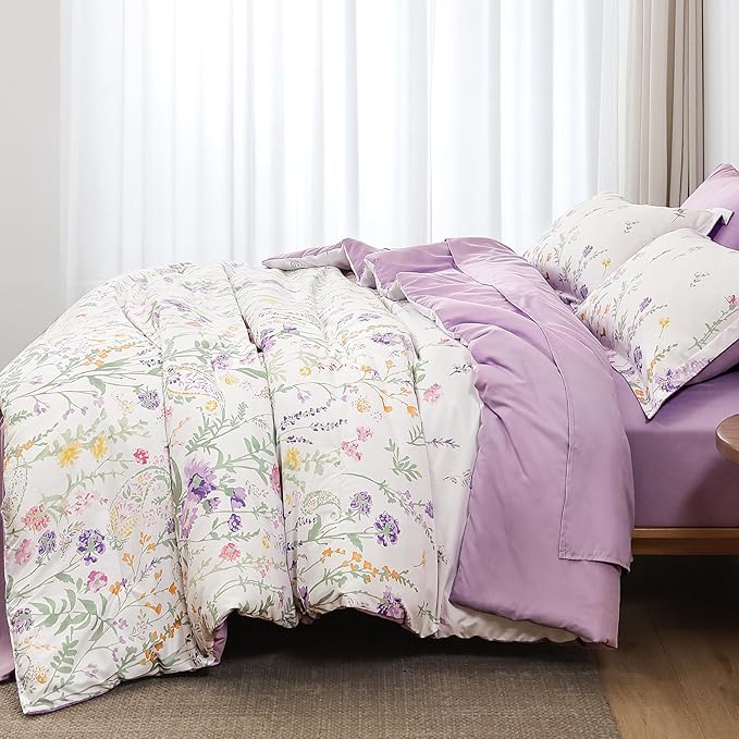 Yiran Purple Floral Comforter Set Queen Size, 7 Piece Cute Flower Comforters Bed in a Bag Lavender, Soft Microfiber Complete Aesthetic Botanical Bedding Set with Sheets for Women Girls