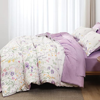 Yiran Purple Floral Comforter Set Queen Size, 7 Piece Cute Flower Comforters Bed in a Bag Lavender, Soft Microfiber Complete Aesthetic Botanical Bedding Set with Sheets for Women Girls