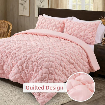 Holawakaka Luxury Blush Full Size Quilt Bedding Set 3-Piece, Solid Color Soft Microfiber Diamond Quilted Bedspread Coverlet with 2 Pillow Shams, Lightweight Bed Comforter Sets