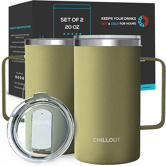 CHILLOUT LIFE Stainless Steel Vacuum Insulated Coffee Mug 20 oz (Set of 2) with Handle and Lid, Large Thermal Camping Coffee Mugs with Sliding Lid for Men & Women, Keeps Your Beverages Hot & Cold