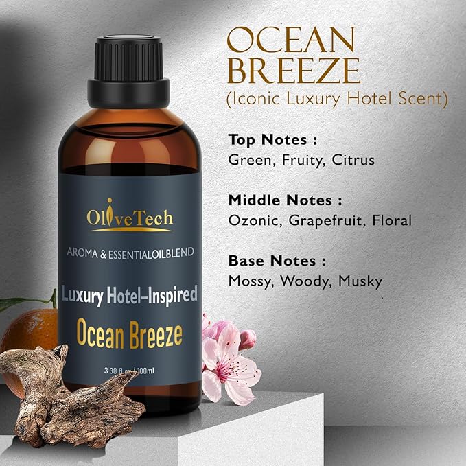 Hotel Diffuser Oil Inspired by Iconic Luxury Hotel Ocean Breeze Edition Scent, OliveTech Aromatherapy Fragrance Oil for Cold Air & Ultrasonic Diffusers, 100ml / 3.38 ft oz Glass Bottle