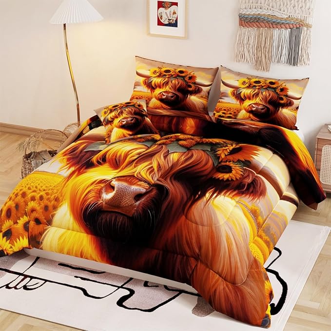 Namoxpa6 Pieces Cow Comforter Sets,3D Yellow Cowhide Pattern,Decorative 6 Piece Bedding Sets with Comforter,Flat Sheet,Fitted Sheet,Throw Pillow Cover,Pillow Shams,Twin Size