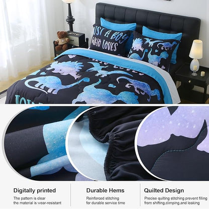 7 Piece Boys Dinosaur Comforter Set Queen Size Blue Dinonsaur Soft Microfiber Bed in A Bag with Comforter,Sheet Set,Pillowcase and Sham for Child Teens All Season