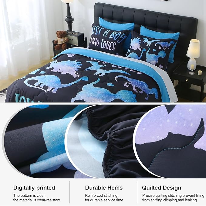 7 Piece Boys Dinosaur Comforter Set Full Size Blue Dinonsaur Soft Microfiber Bed in A Bag with Comforter,Sheet Set,Pillowcase and Sham for Child Teens All Season