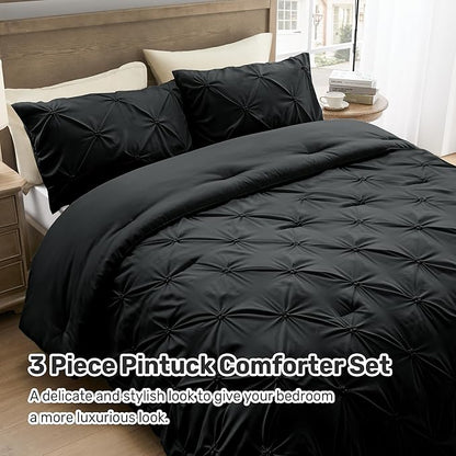 UNIKOME King Size Comforter Set Black - Ultra Soft Boho Pintuck Down Alternative Bedding Set for All Seasons, 3 Pieces Lightweight Warm Pinch Pleat Bed Set with Comforter, 2 Pillowcases