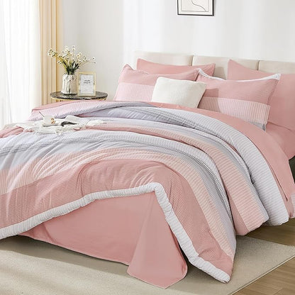 Andency King Size Comforter Set 7 Pieces - Pink Striped Lightweight Bed in a Bag, Fully Microfiber Bedding Breathable All Season Beddding Set with Comforter, Fitted & Flat Sheet, Pillowcases & Shams