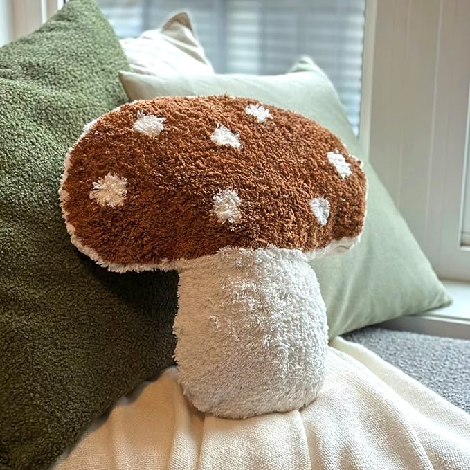 Mushroom Throw Pillow Tufted Shape Decorative Cushion 15” x 15” – Decor for Bed, Couch, Living Room (Brown)