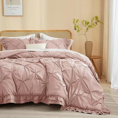 Pink Comforter Set Full Size 3 Pieces for All Season 1 Comforter and 2 Pillowcases Solid Pinch Pleated Ruffles Quilt Princess Shabby Chic Washed Soft Cozy Fluffy Full Bedding Sets for Bedroom