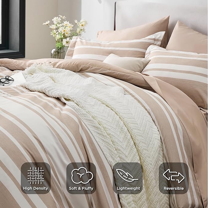 Bedsure Queen Comforter Set 7 Pieces, Light Camel Striped Bedding Set for All Seasons, Reversible, Cationic Dyeing Bed in a Bag with Comforter, Sheets, Pillowcases & Shams