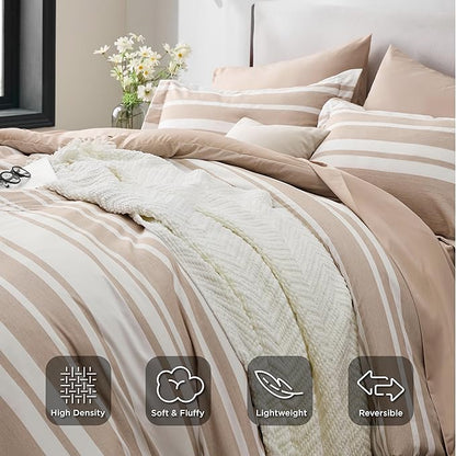 Bedsure Queen Comforter Set 7 Pieces, Light Camel Striped Bedding Set for All Seasons, Reversible, Cationic Dyeing Bed in a Bag with Comforter, Sheets, Pillowcases & Shams