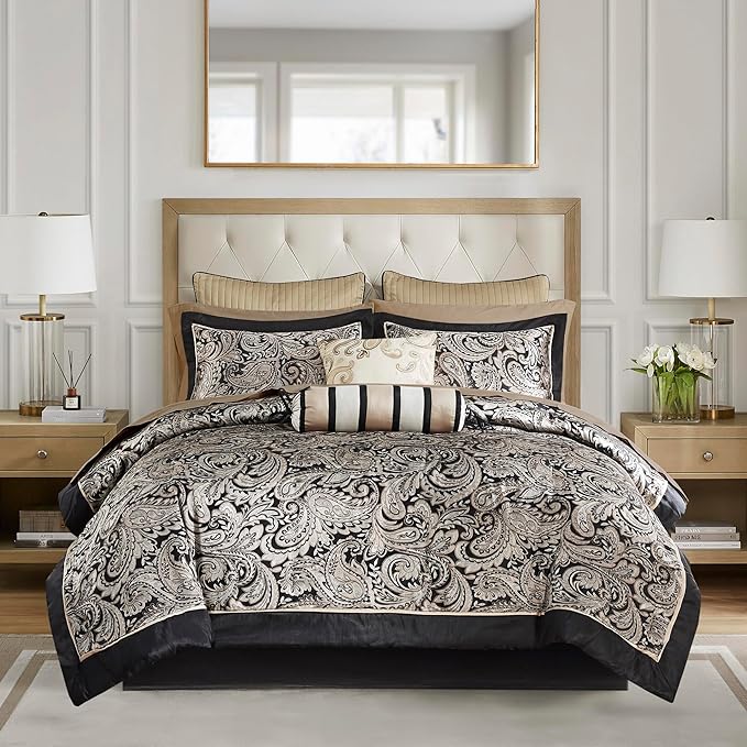 Madison Park Aubrey Cozy Comforter Set, Faux Silk Jacquard Paisley Design - All Season Down Alternative Bedding with Cotton Bed Sheets, Bed Skirt & Toss Pillows, King Black 12 Piece