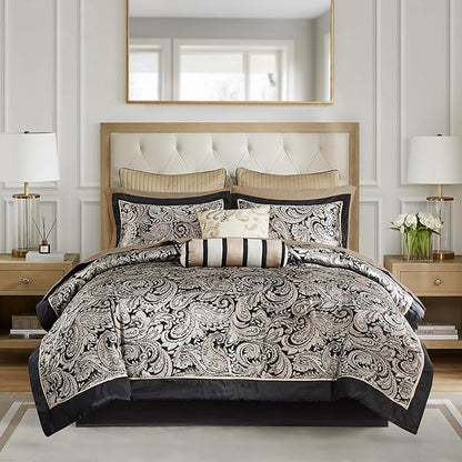 Madison Park Aubrey Cozy Comforter Set, Faux Silk Jacquard Paisley Design - All Season Down Alternative Bedding with Cotton Bed Sheets, Bed Skirt & Toss Pillows, Queen Black 12 Piece