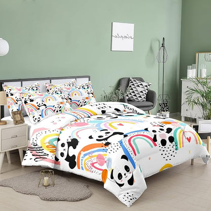 Tailor Shop Cute Panda Bedding Set for Girls Kids Toddler, Rainbow Cartoon Bear Printed Colorful Comforter Set Full Size with 2 Matching Pillowcases……