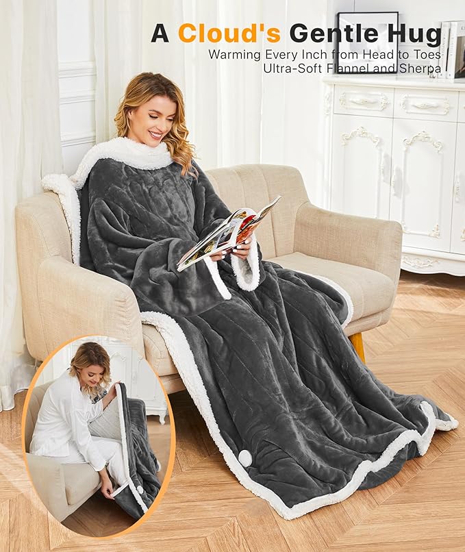 Portable Heated Blanket - Wearable Heated Blanket Throw with Foot Pockets, Sleeves Flannel Sherpa Wearable Blanket 8 Heating Levels & Timer Snuggle Blankets for Home Office - Heated Robe 50*70"
