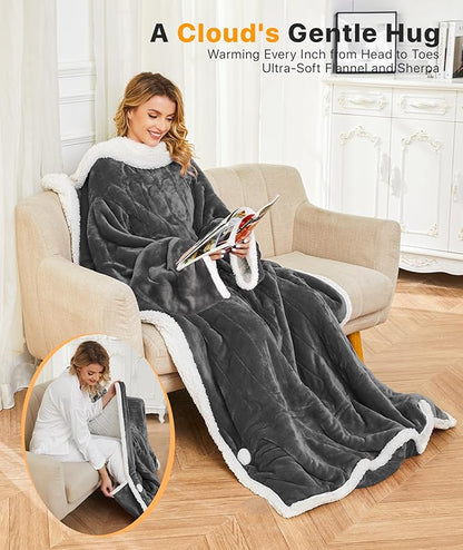 Portable Heated Blanket - Wearable Heated Blanket Throw with Foot Pockets, Sleeves Flannel Sherpa Wearable Blanket 8 Heating Levels & Timer Snuggle Blankets for Home Office - Heated Robe 50*70"