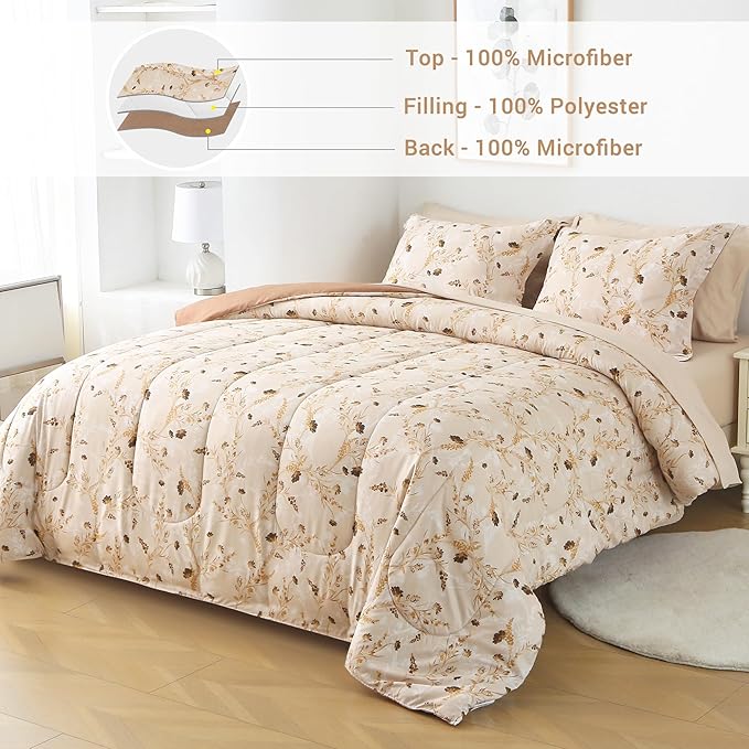 Floral Queen Comforter Set with Sheets, 7 Piece Luxury Vintage Bedding, Soft Microfiber Bed in a Bag, Cozy Lightweight Bed Set, Beige Flower Botanical