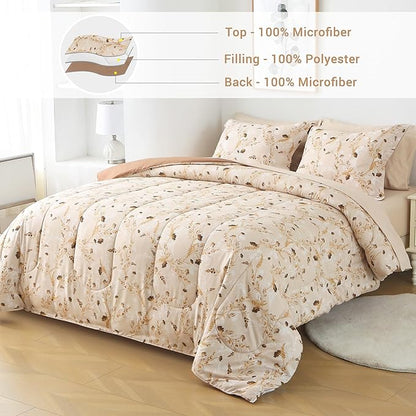Floral Queen Comforter Set with Sheets, 7 Piece Luxury Vintage Bedding, Soft Microfiber Bed in a Bag, Cozy Lightweight Bed Set, Beige Flower Botanical