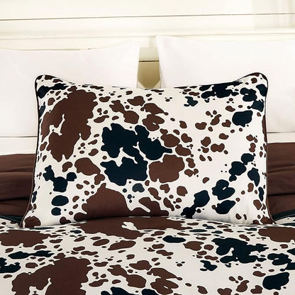 Cow Print Comforter Western theme cowboy Set Milk Cow Print brown black cream color ranch farmhouse rustic lodge Bedding Reversible matching pillow shams included western comforter set queen (Queen)