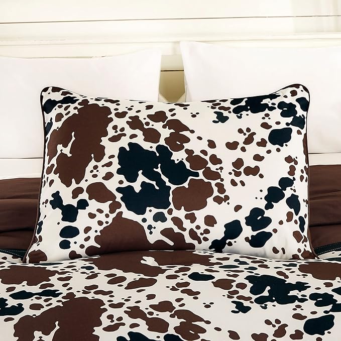 Cow Print Comforter King Size Western theme cowboy Comforter Set Milk Cow Print brown black cream color ranch farmhouse rustic lodge Bedding Set Reversible matching pillow shams included (King)
