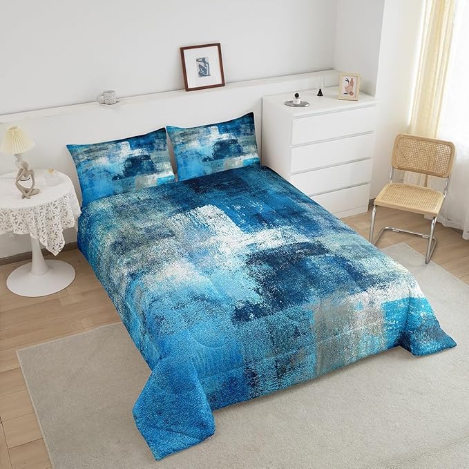 Erosebridal Turquoise and Grey Comforter Set Full,Retro Teal Ombre Bedding Set for Adult,Watercolor Artwork Bedding Comforter Sets Bedroom Decor,Contemporary Duvet Insert with 2 Pillowcases
