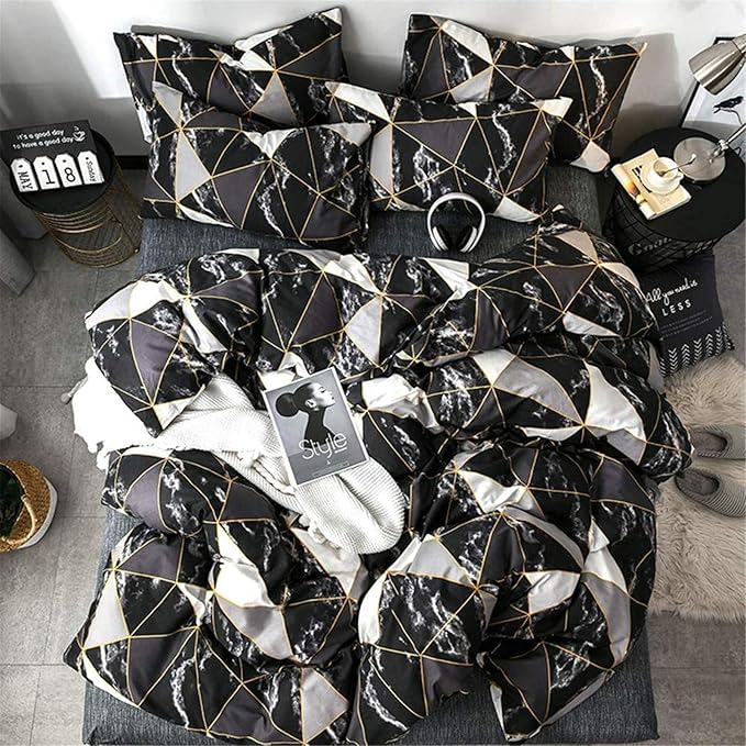 Cottonight Black Queen Comforter Set Geometric Black Marble Bedding Comforter Set Full Plaid Cotton Modern Lightweight Black White with Gold Lines Comforter for Women Men